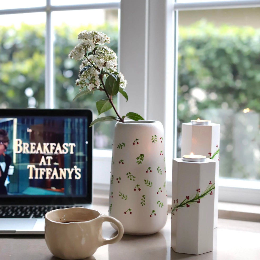 Cherry Mini Ceramic Vase – Handmade Cream, Green & Red Designer Decor (21 cm)