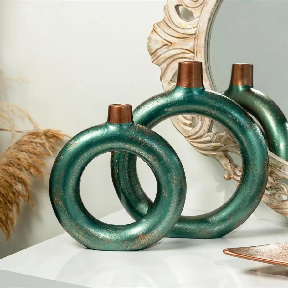 Copper Collection Ceramic Double Ring Vase Set (31 cm) – Handmade Green Designer Decor