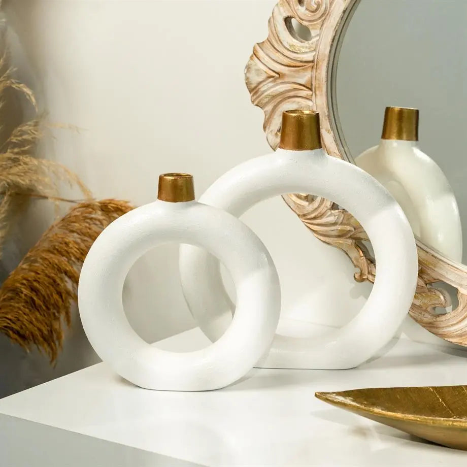 Copper Collection Ceramic Double Ring Vase Set (31 cm) – Handmade White Designer Decor