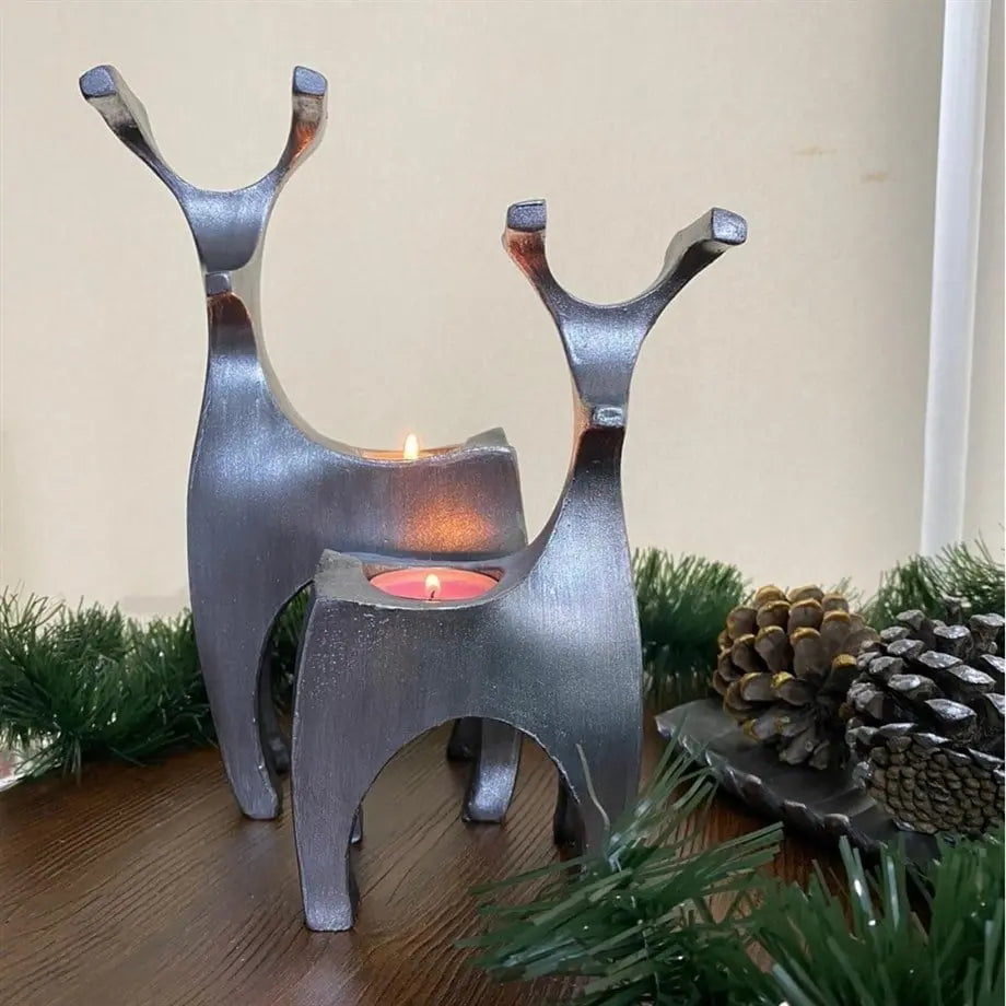 Deer Candle Holder Set (25 cm) – Handmade Silver Decorative Pair