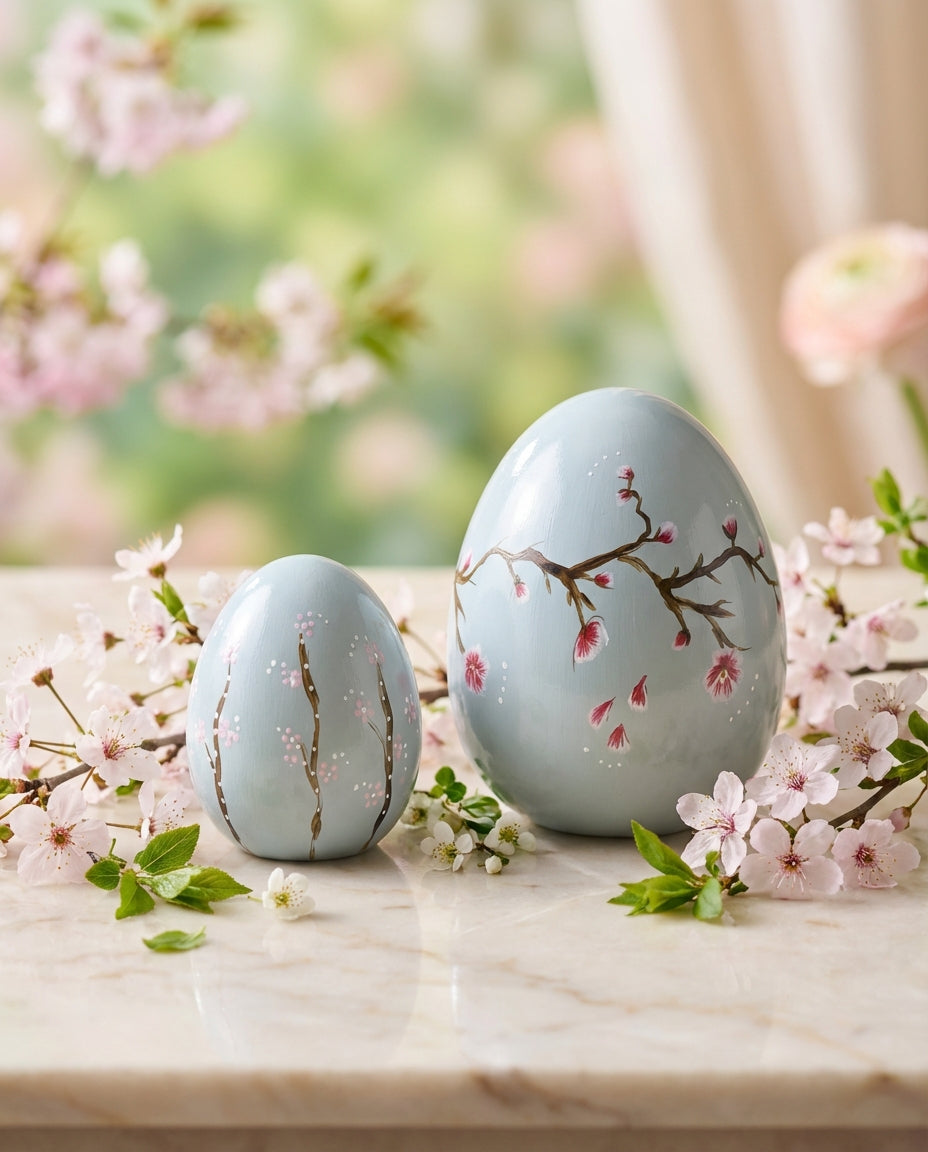 Easter Ceramic Egg Set (2-Piece) (15 cm) – Handmade Sakura Green Designer Spring Decor