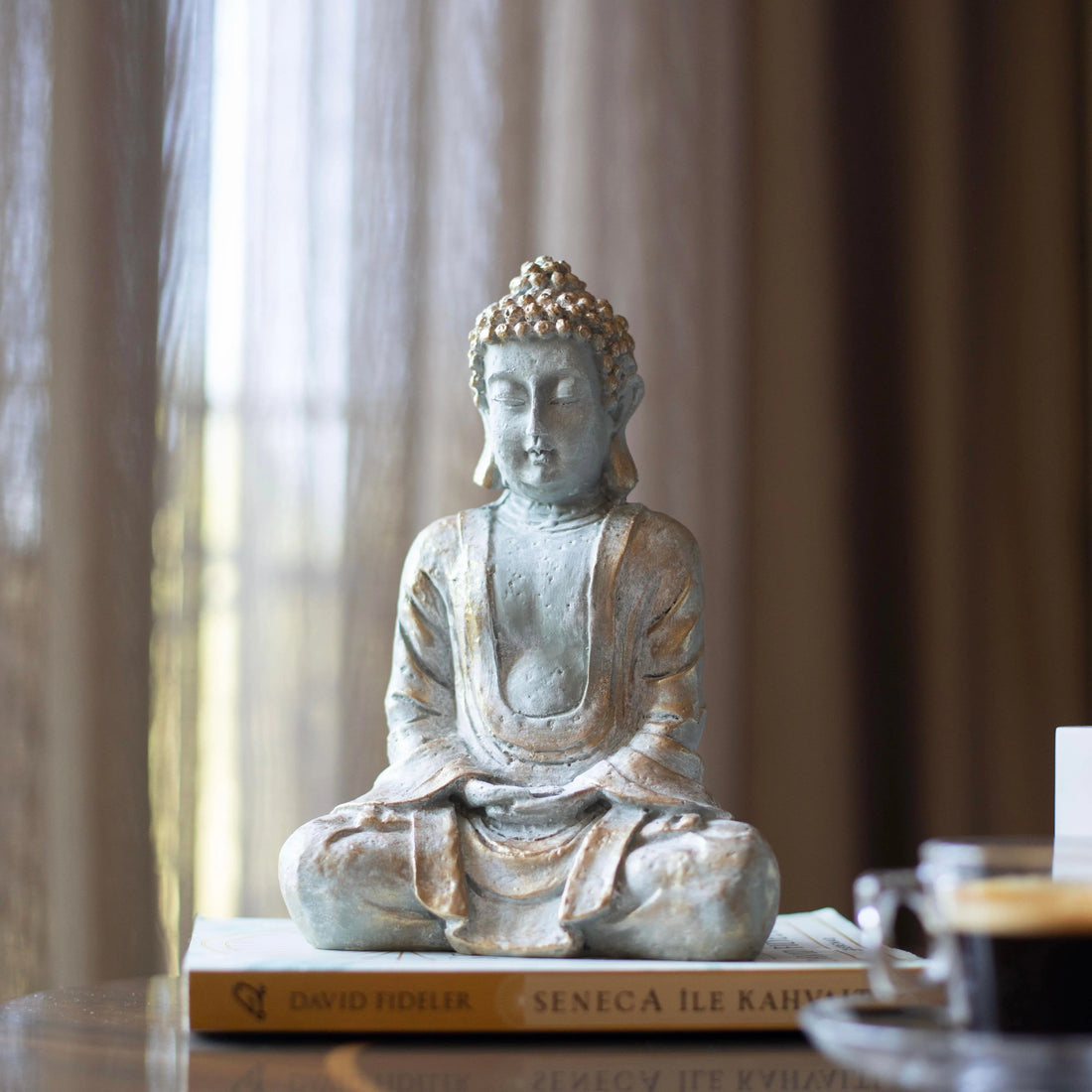 Mini Buddha Sculpture – Handmade Light Green & Gold Polyester Designer Decor (23 cm)