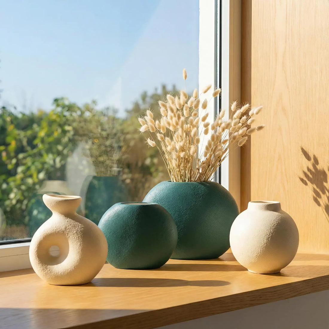 Minimal Pastel Textured Ceramic Vase Set (4-Piece) (23 cm) – Handmade Green & Cream Designer Decor