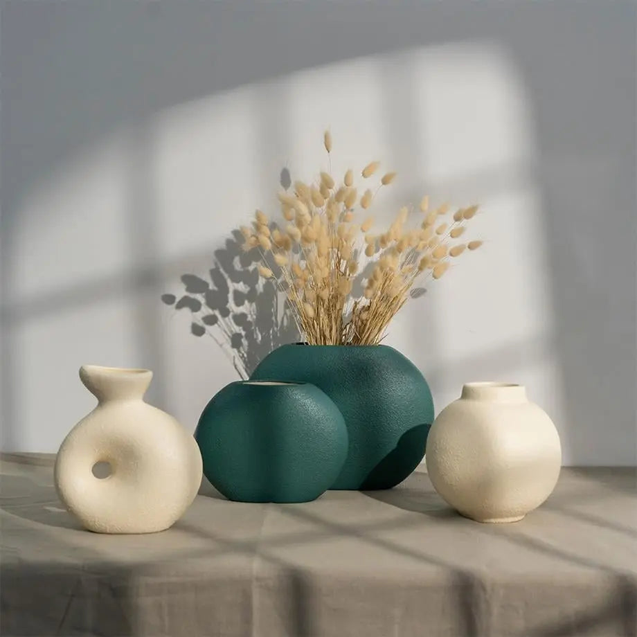 Minimal Pastel Textured Ceramic Vase Set (4-Piece) (23 cm) – Handmade Green & Cream Designer Decor