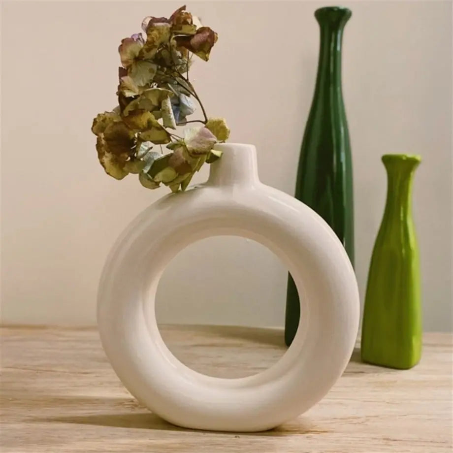 Nordic Collection Ceramic Ring Vase – Handmade Cream Designer Decor (24 cm)