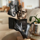 Reading Couple Mask Decorative Object (35 cm) – Handmade Copper Silver Black Polyester Sculpture