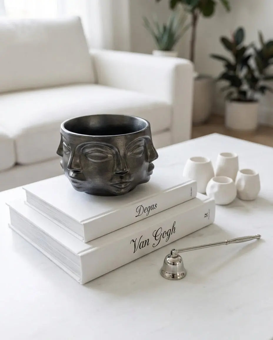 handmade metallic black face planter with sculptural geometric design