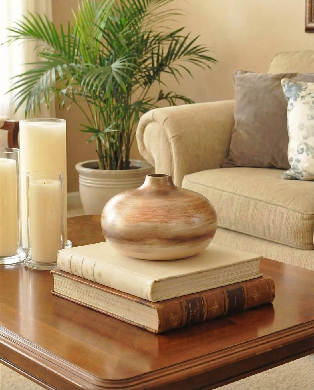 handmade flat ceramic vase in cream brown and copper tones for modern interior decor