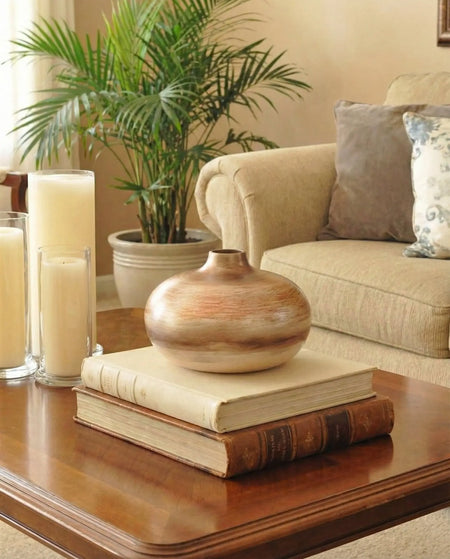handmade flat ceramic vase in cream brown and copper tones for modern interior decor