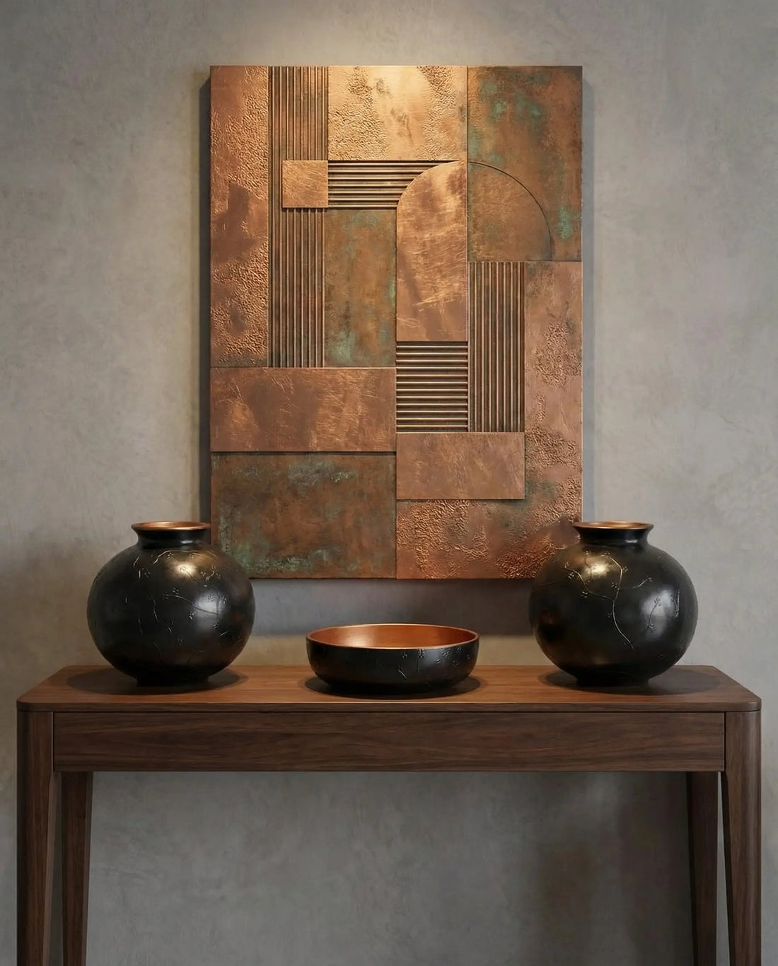 handmade ceramic cube vase and bowl set in black and bronze for modern interior decor