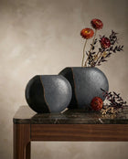 Bakirdan Flat Ceramic Vase Set (2-Piece) (30 cm) – Handmade Anthracite, Black & Copper Designer Decor