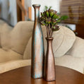 handmade petrol green ceramic vase set with bronze and copper glitter accents