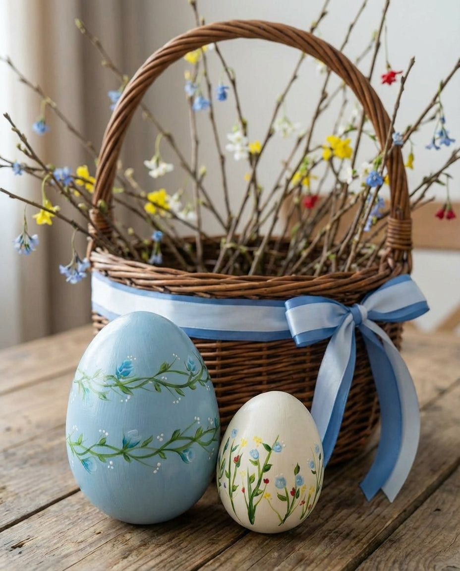 blue ceramic easter egg decorations styled on a spring table