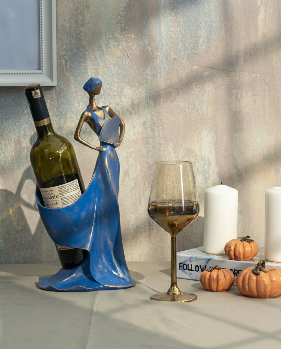 decorative sculptural wine holder styled on a dining table