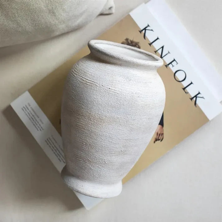 Boho Textured Ceramic Vase (21 cm) – Handmade Cream & Brown Distressed Ceramic Designer Decor