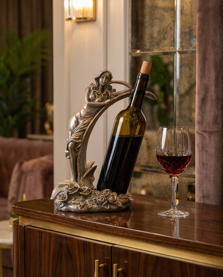 decorative bronze wine holder sculpture styled on dining table