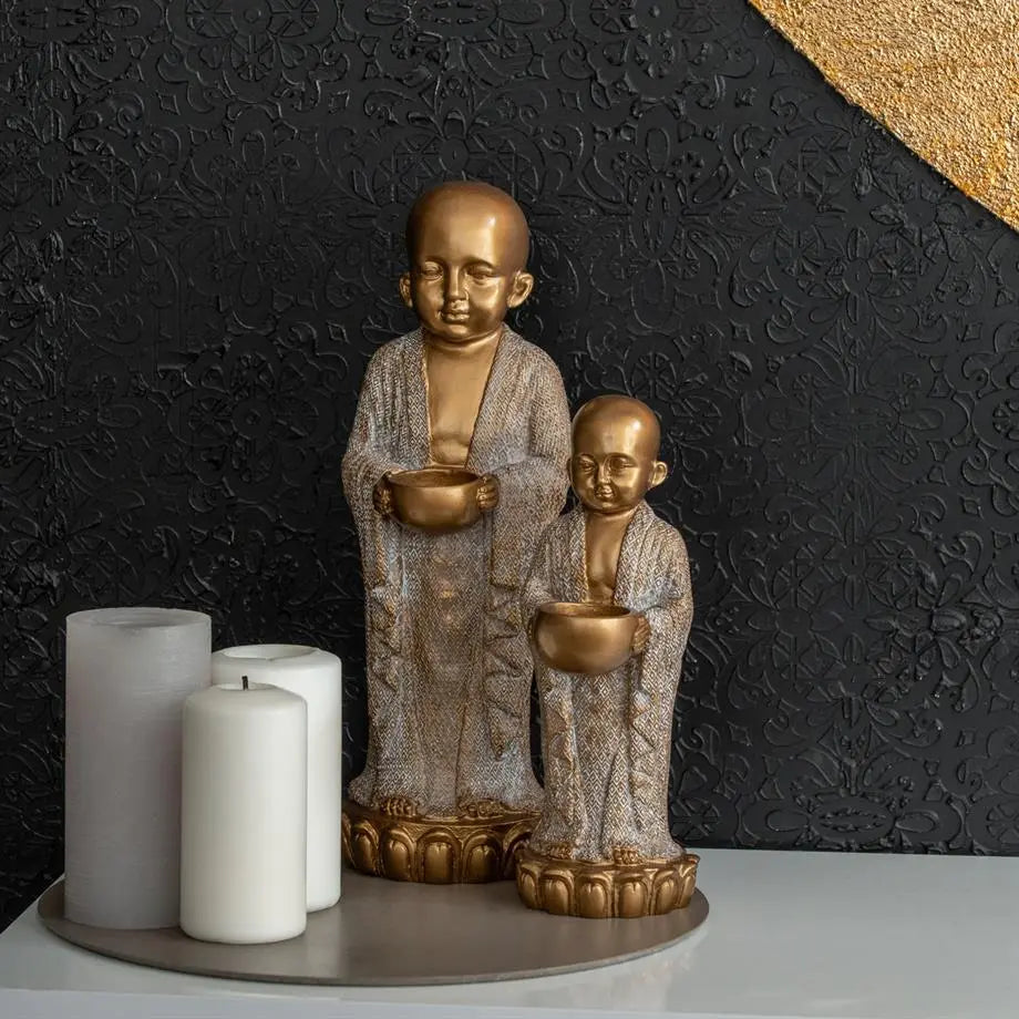 handmade antique gold buddhist monk candle holder set for meditation decor