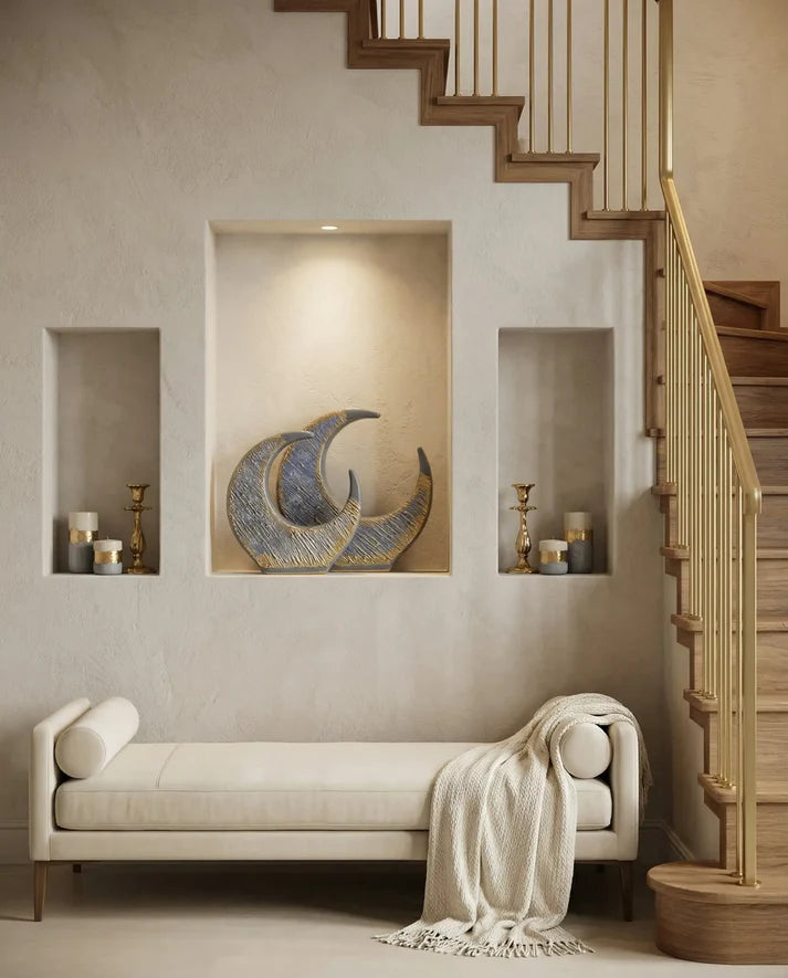 decorative crescent ceramic sculpture styled on a modern console table