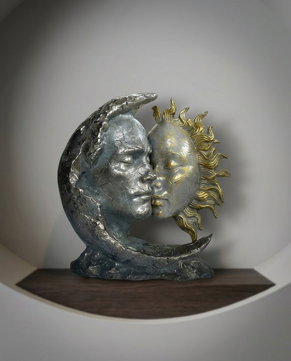handmade sun and moon sculpture in silver and gold for modern interior decor