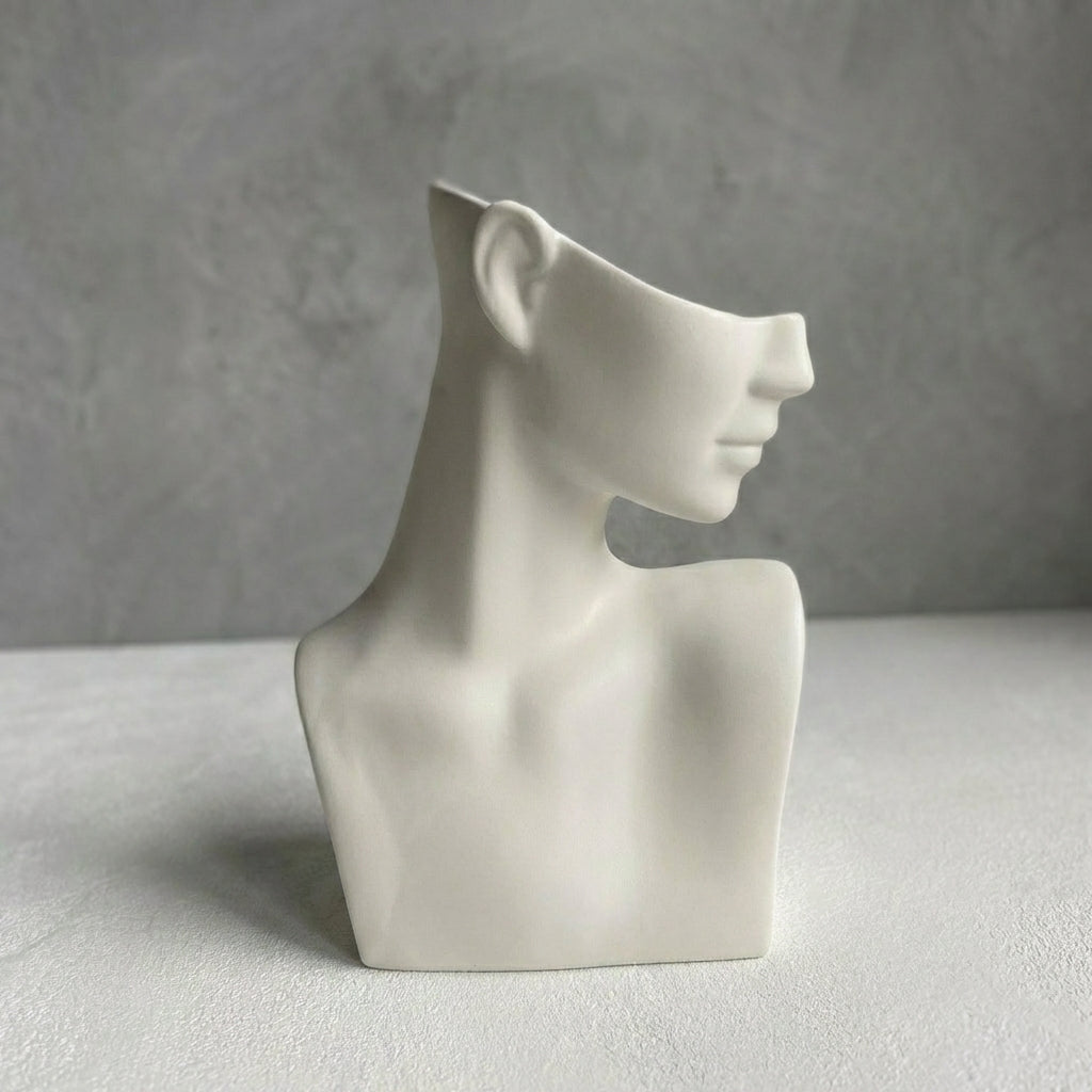 handmade ceramic female bust sculpture in white for modern interior decor