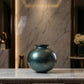 handmade cube ceramic vase with glitter texture in petrol green and copper