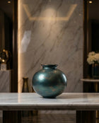 handmade cube ceramic vase with glitter texture in petrol green and copper