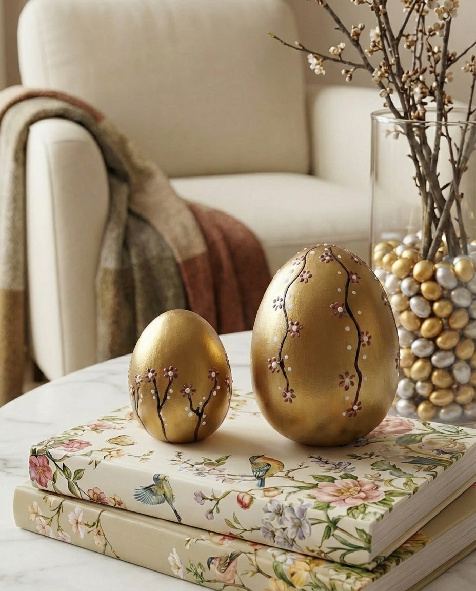 gold ceramic easter egg decorations styled on a spring table