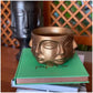 decorative gold face planter with succulent plant on shelf