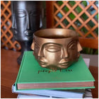 decorative gold face planter with succulent plant on shelf