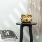 decorative gold face planter with succulent plant on shelf