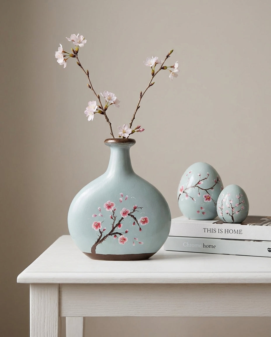 decorative green and brown ceramic vase styled on a modern console table