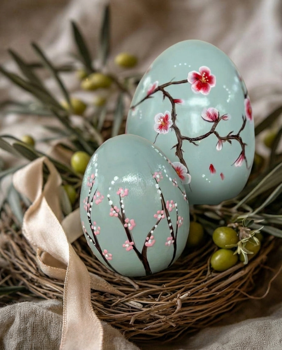 light green ceramic easter egg decorations styled on a spring table