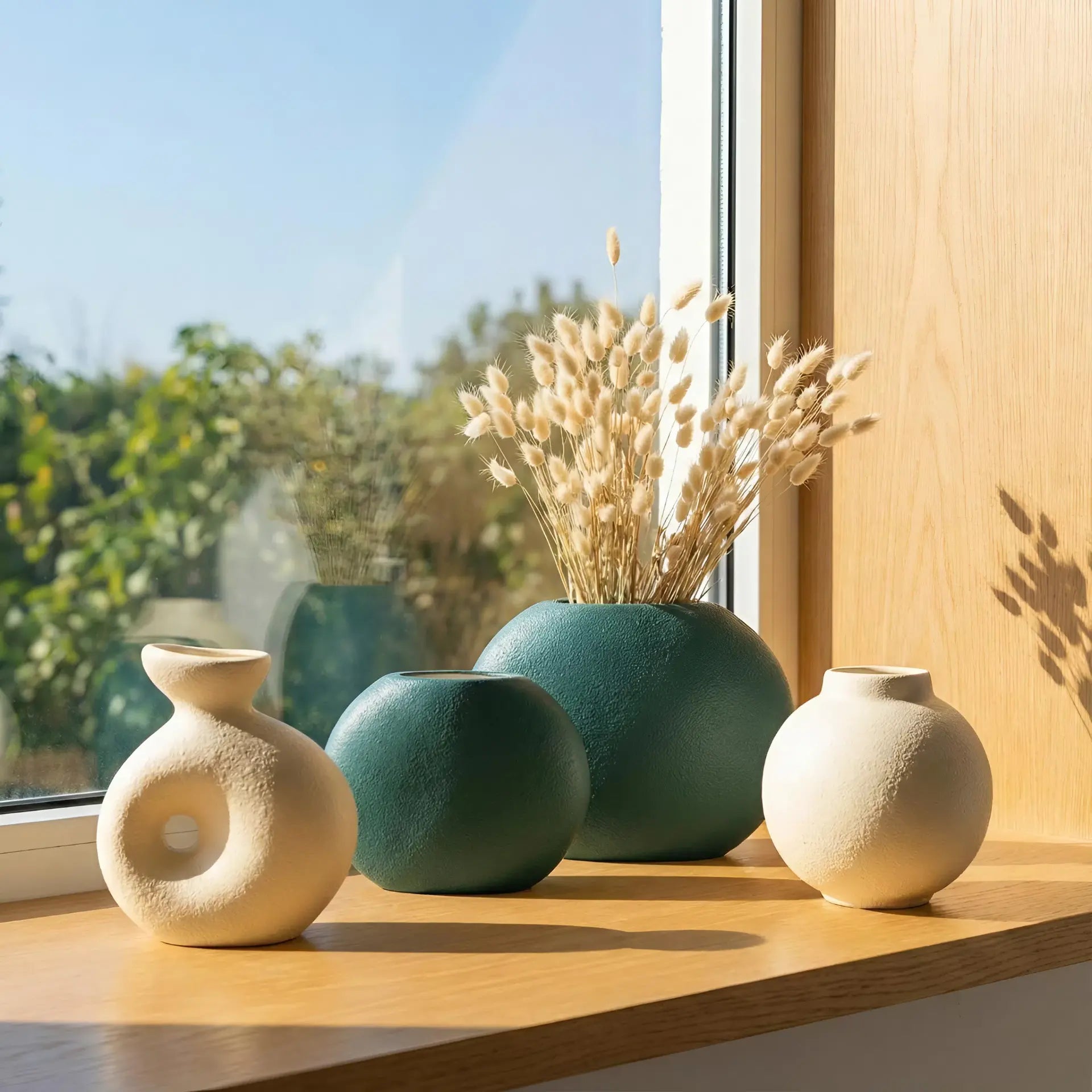 pastel green and cream ceramic vase set styled on a modern console table