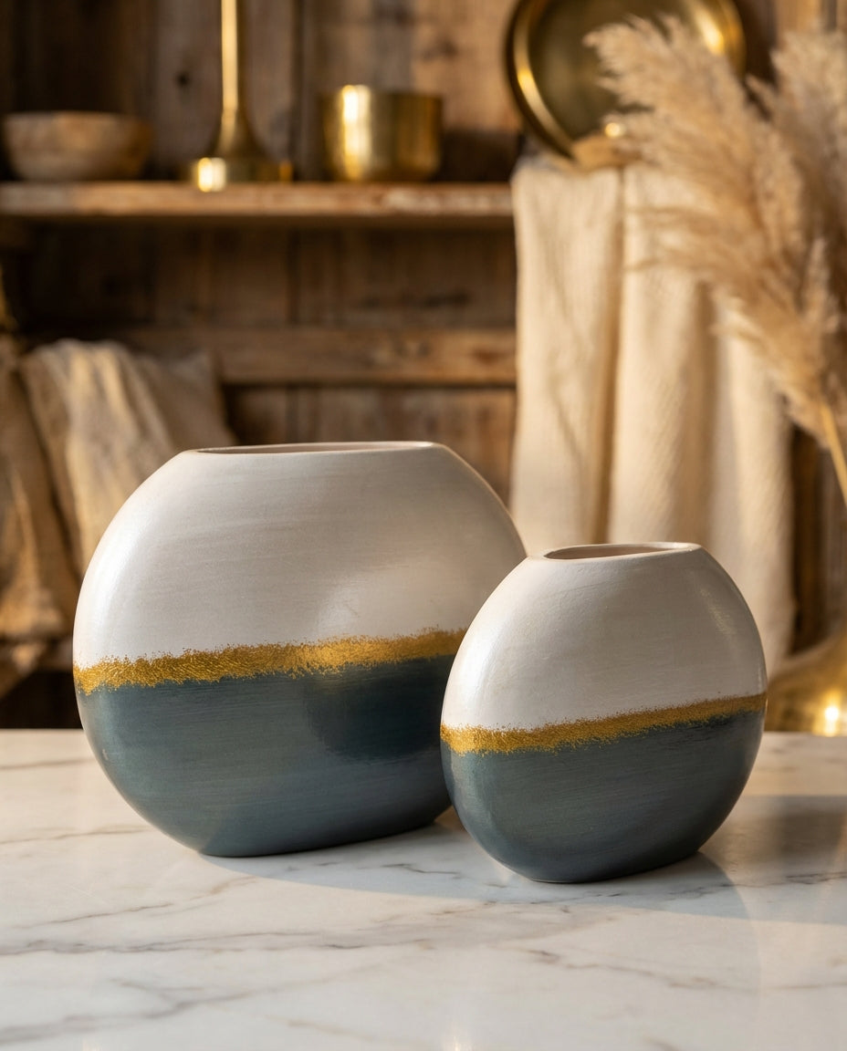 decorative green pearl ceramic vases styled on a modern console table