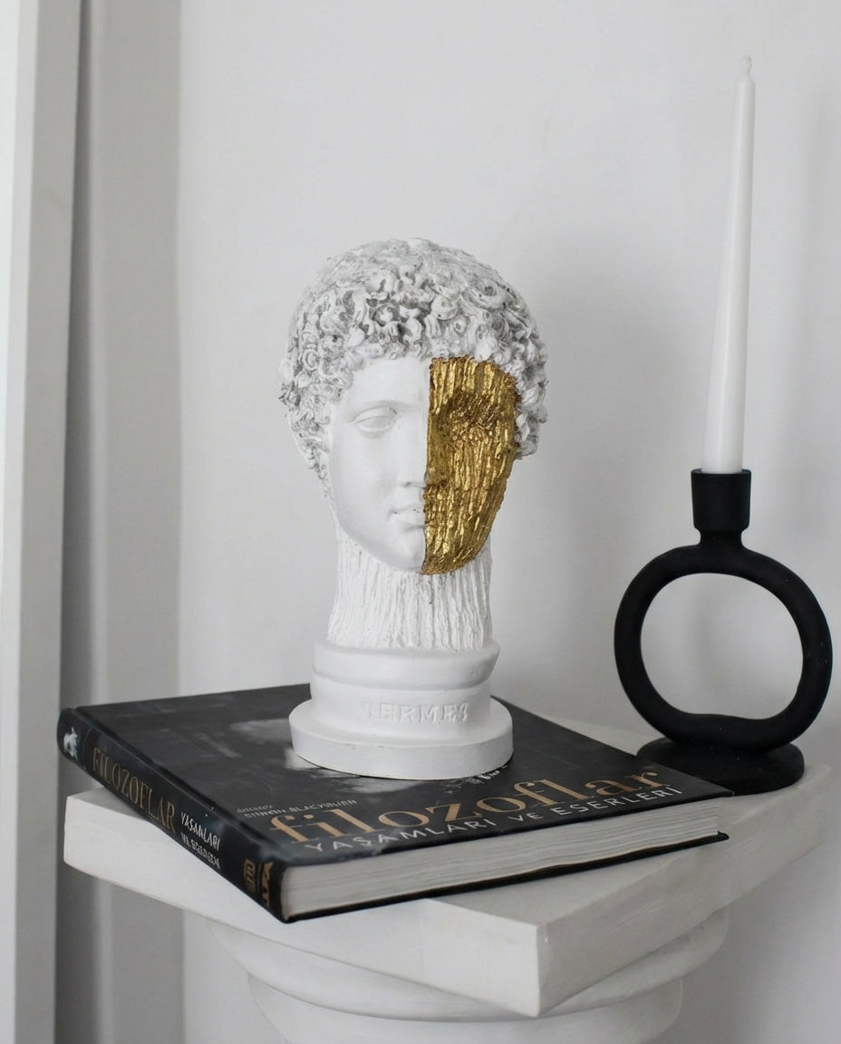 handmade hermes bust sculpture in white and gold for modern interior decor