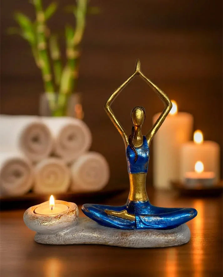 indigo blue yogini candle holder sculpture for meditation and yoga space decor