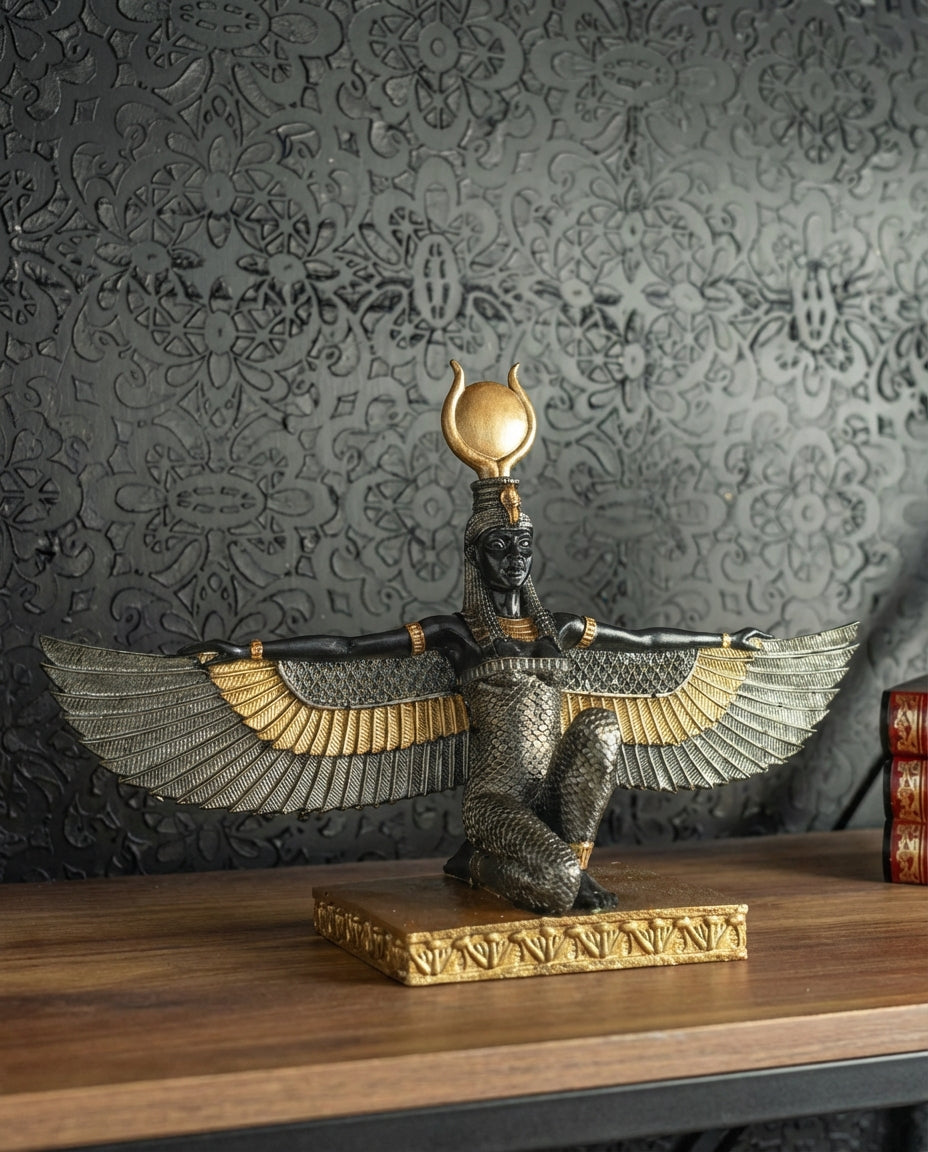 handmade isis egyptian goddess sculpture in black anthracite and gold