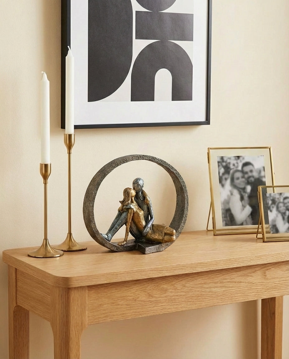 Love Circle Sculptural Decor Object (27 cm) – Handmade Anthracite, Gold & Silver Polyester Designer Decor