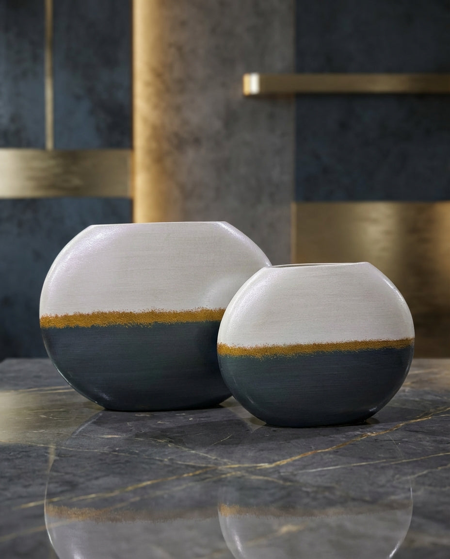 handmade sphere ceramic vase set in green pearl and gold for modern interior decor
