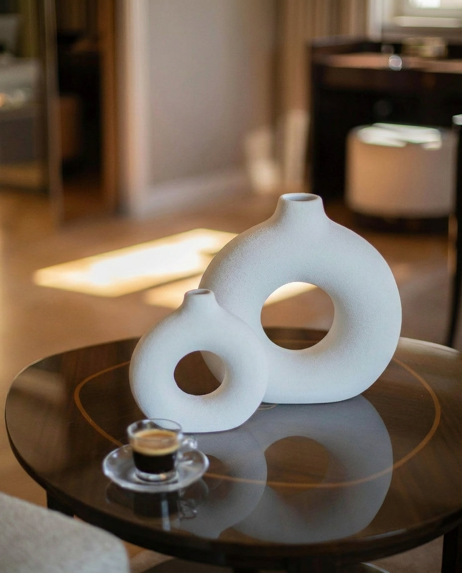 handmade textured ring ceramic vase set in cream for minimalist interior decor