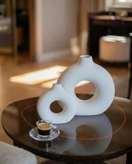handmade textured ring ceramic vase set in cream for minimalist interior decor