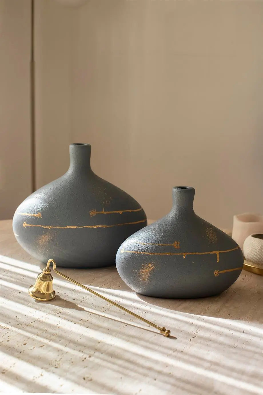 handmade grey and gold sculptural ceramic vase set for modern interior decor