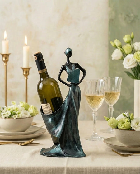 handmade petrol green woman wine holder sculpture holding a wine bottle