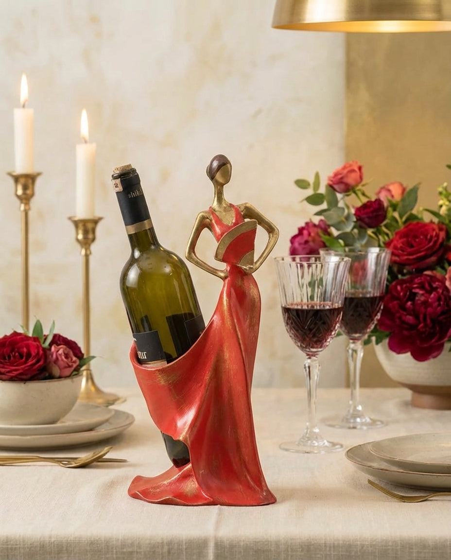 handmade pomegranate red woman wine holder sculpture holding a wine bottle