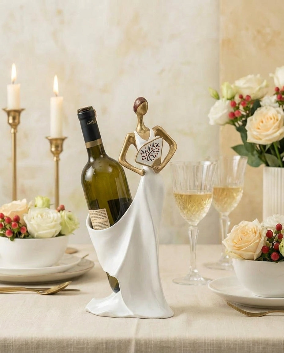 handmade white woman wine holder sculpture holding a wine bottle