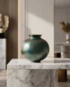 petrol green ceramic vase with copper glitter decorative surface