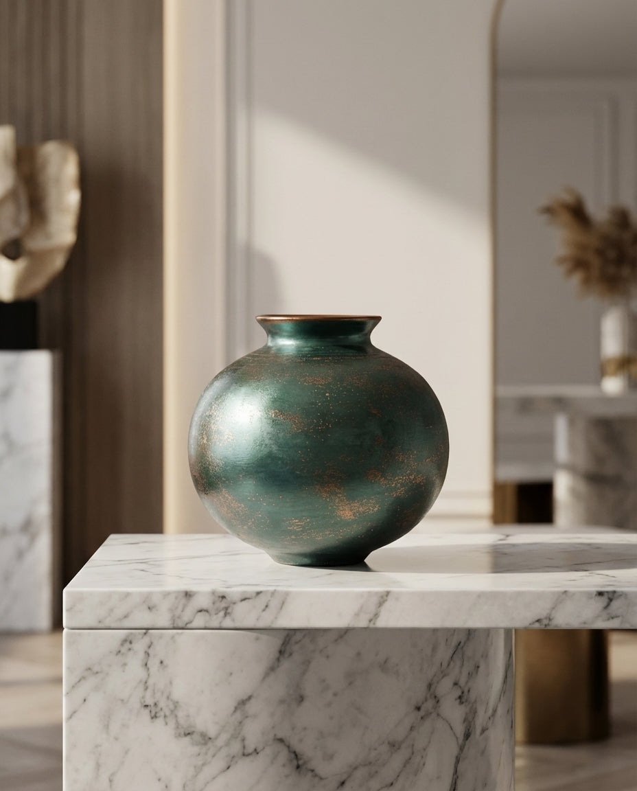 petrol green ceramic vase with copper glitter decorative surface