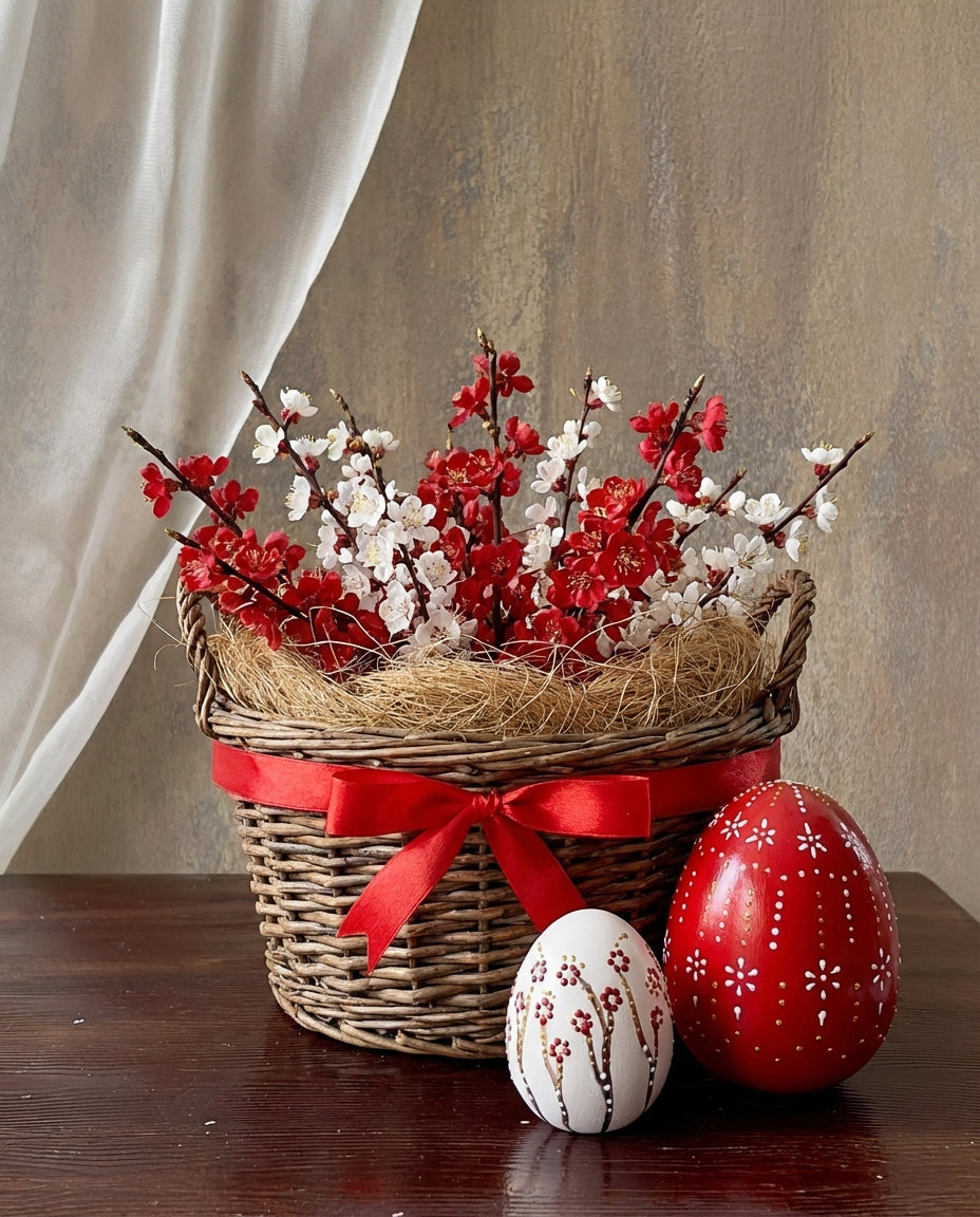 red ceramic easter egg decorations styled on a spring table