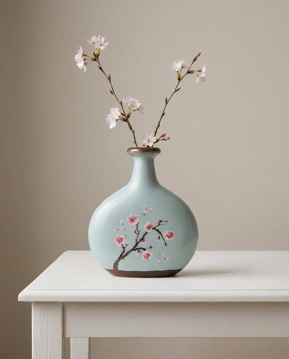 handmade sakura ceramic vase in green and brown for modern interior decor