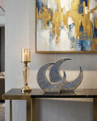 handmade crescent ceramic decor set in blue grey and gold for modern interiors